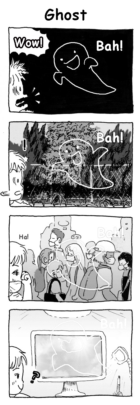 1. In the darkness, Ghost 'Bah!'. Boy 'Wow!' 2. In the twilight, Ghost 'Bah!'. Boy '!' 3. In the evening, Ghost 'Bah!' Boy 'Ha!'. 4. In a bright room, Ghost 'Bah!' Boy '?'
