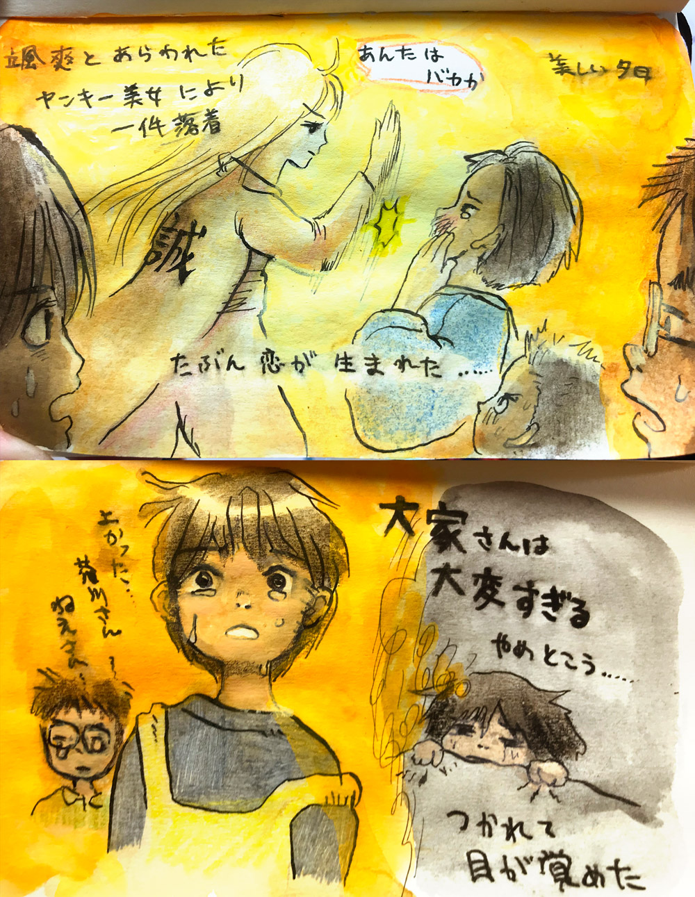 パッシーン！「あんたはバカか」美しい夕日、颯爽と現れたヤンキー風美女のおかげで一件落着。たぶん恋が生まれた……。「よかった芥川さん、ねえさん……（涙）」うーん大家さんは大変すぎる、やめとこう……と疲れて目が覚めた。無意味な夢です。